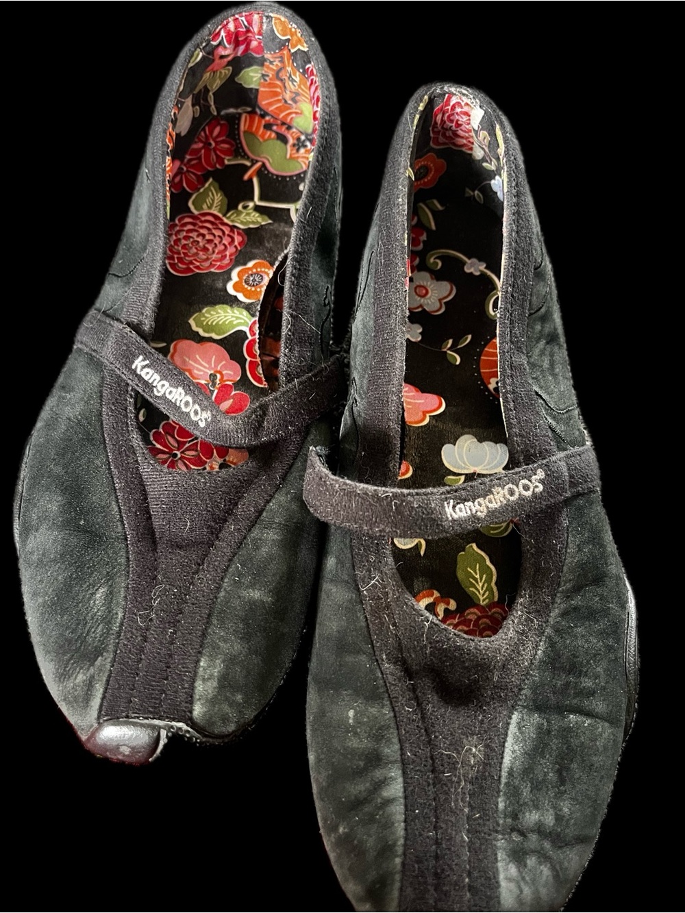 kangaROOS Black Suede Mary Jane Flats with Floral Lining